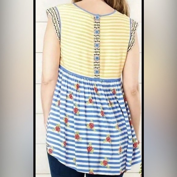 Matilda Jane On My Mind Top NWT size Medium- yellow and blue floral and stripes - Picture 2 of 7
